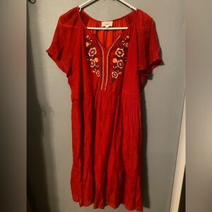 Vibrant Red Floral Embroidered Dress